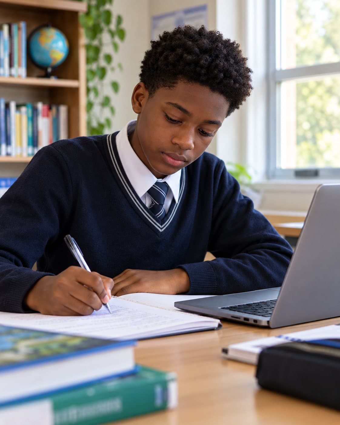 A secondary school student in uniform writing notes beside a laptop