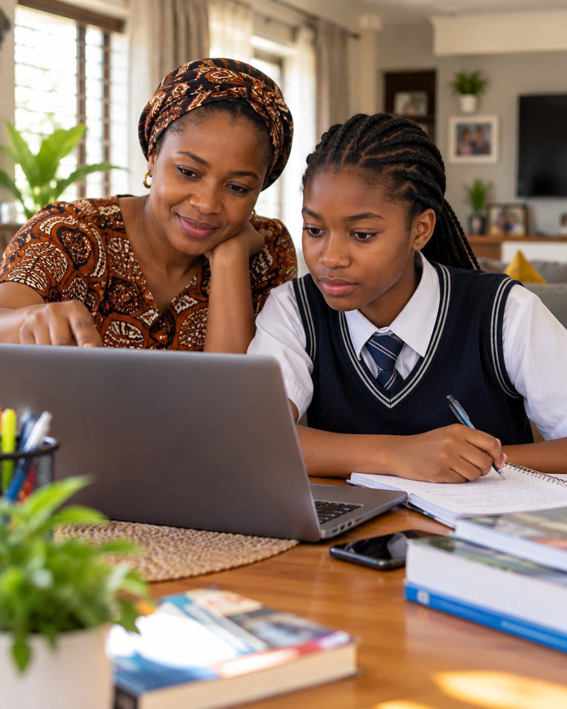 A mother and her daughter in school uniform looking at a laptop together at home